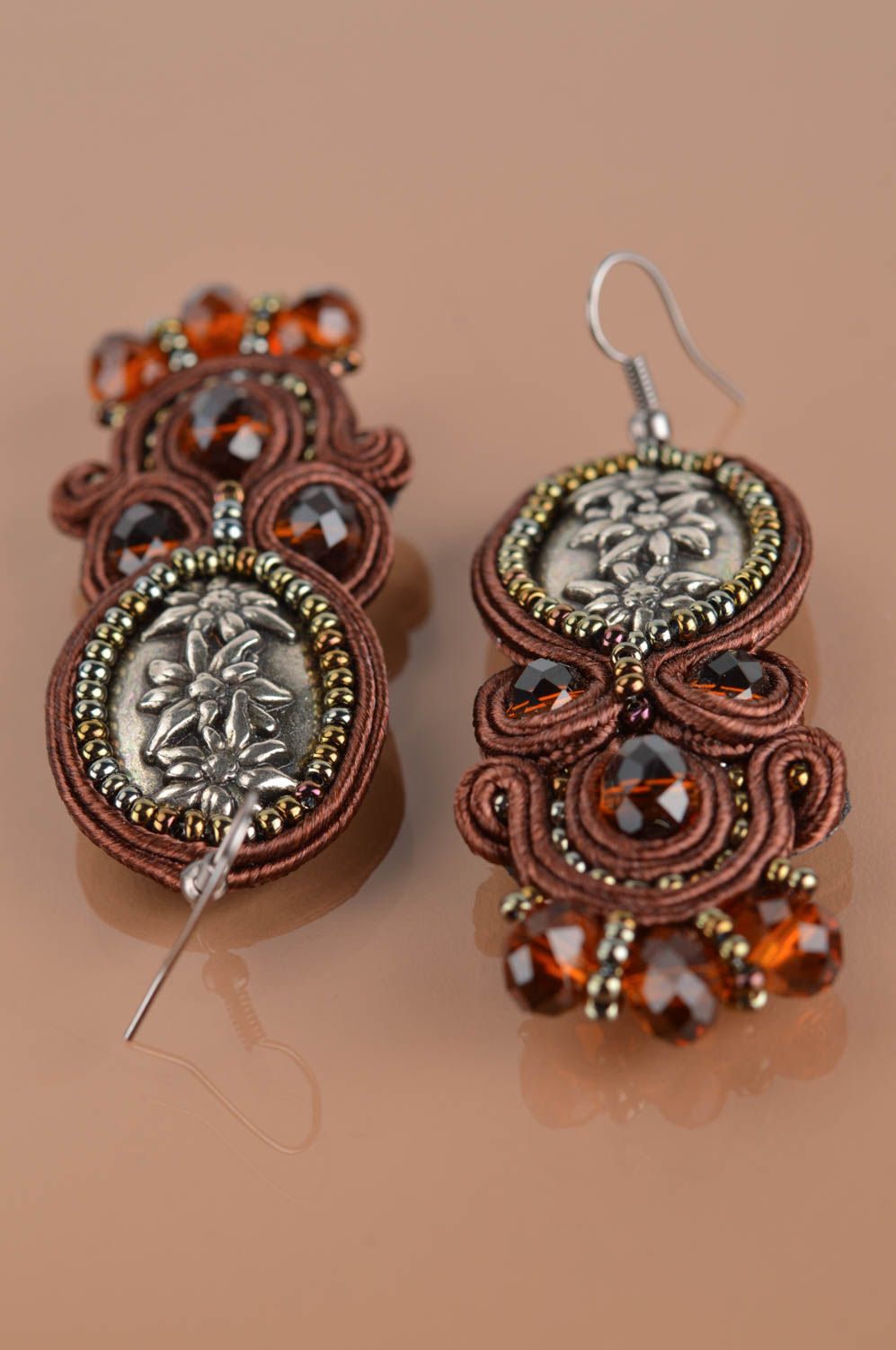 Beautiful handmade long brown soutache earrings with crystals for women photo 5
