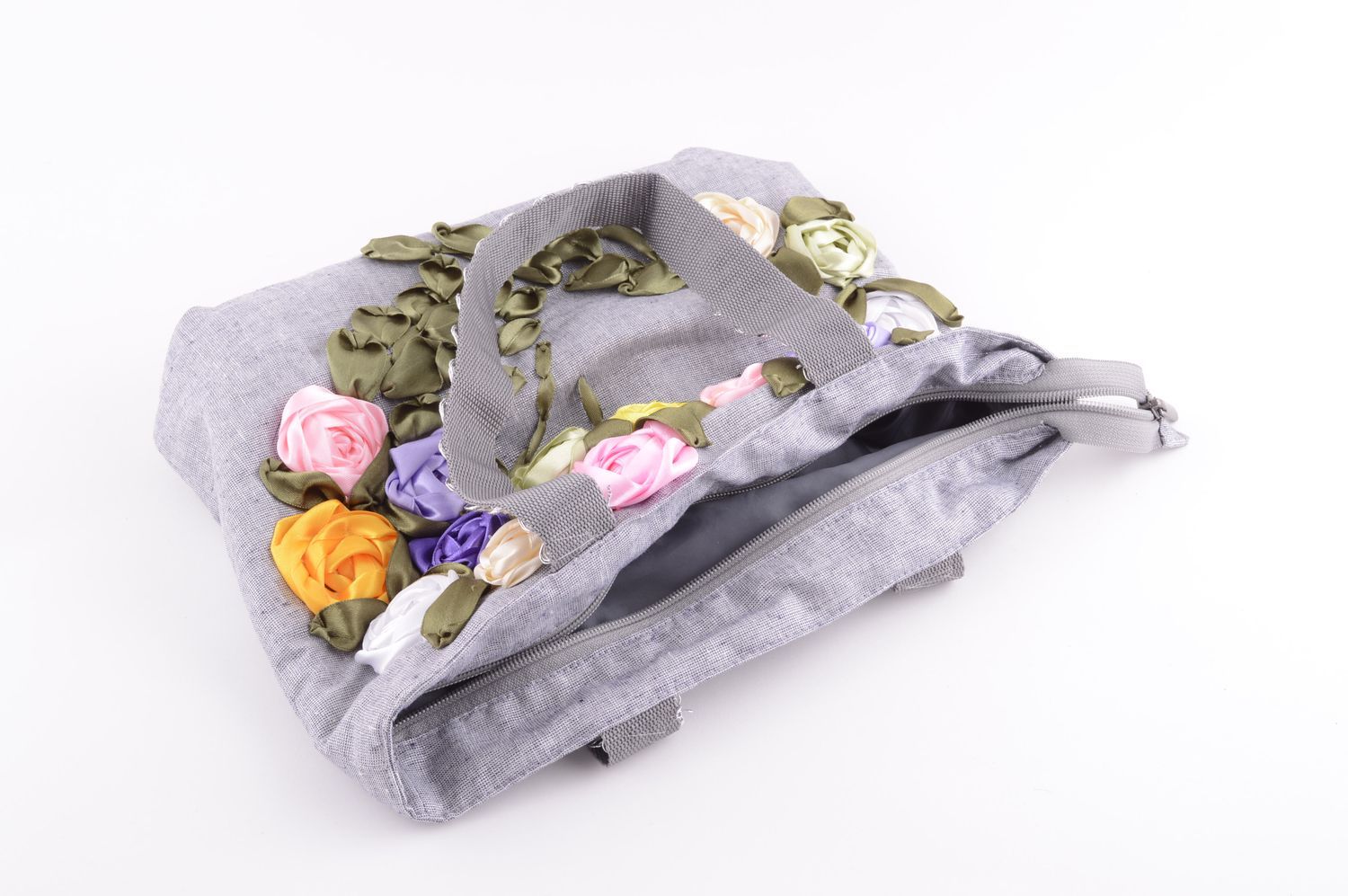 Handmade embroidered linen bag stylish shoulder bag grey designer bag photo 4