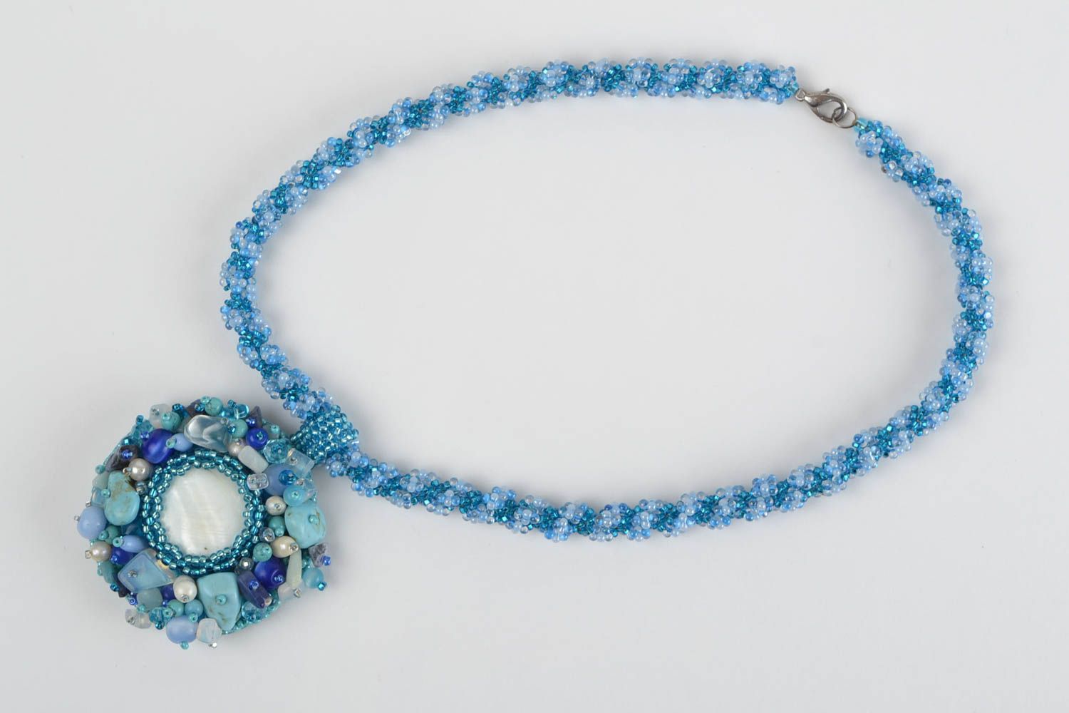 Unusual handmade designer blue beaded necklace with natural stones photo 2