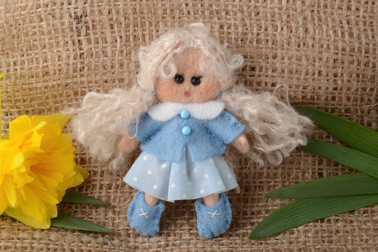 Handmade doll brooch felted of natural wool pocket soft toy for child photo 1