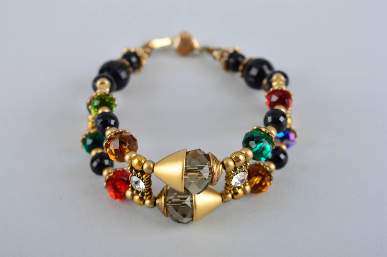 Multi-color beads handmade adjustable bracelet in two rows for women photo 2