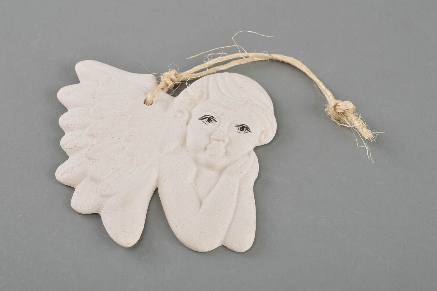 Handmade decorative painted pendant made of porcelain in shape of angel photo 1