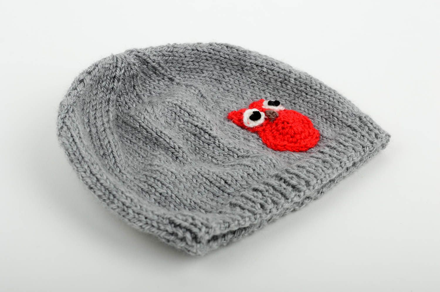 Bonnet tricot fait main Vêtement enfant gris d'hiver avec hibou Cadeau original photo 3