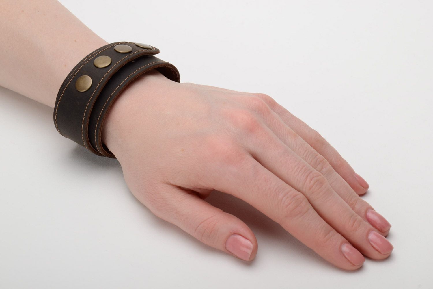 Handmade brown leather wrist bracelet with metal rivets unisex photo 2
