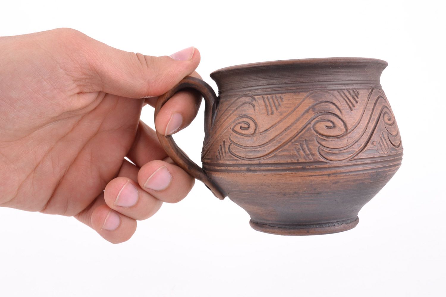 8 oz clay brown coffee bowl-shaped cup with handle and pattern photo 2