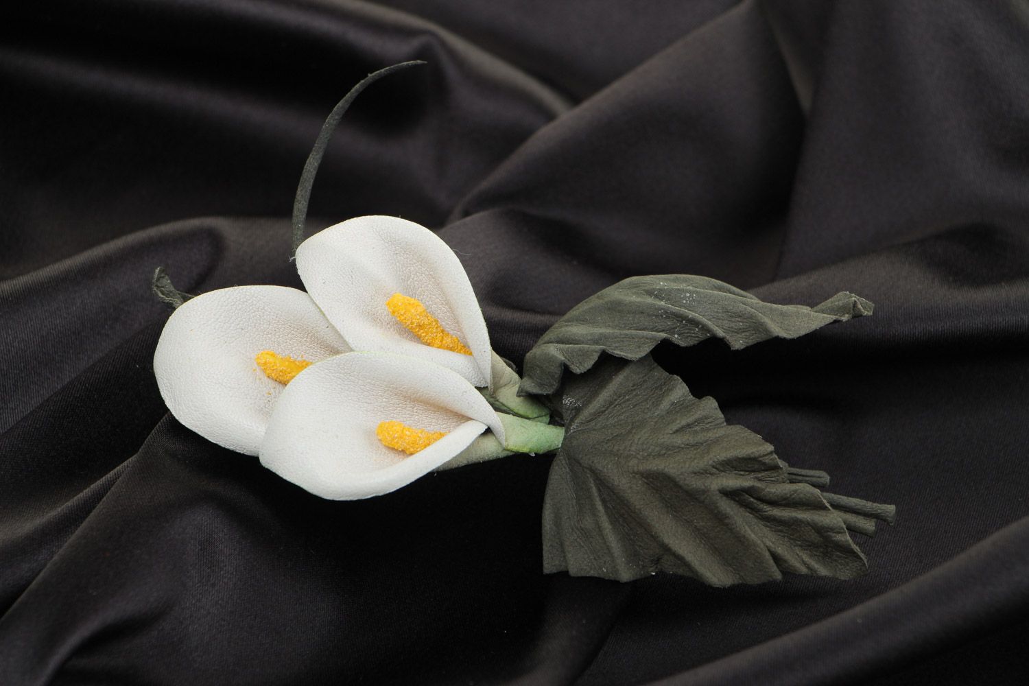 Handmade women's brooch with tender white leather flower with black leaves photo 1