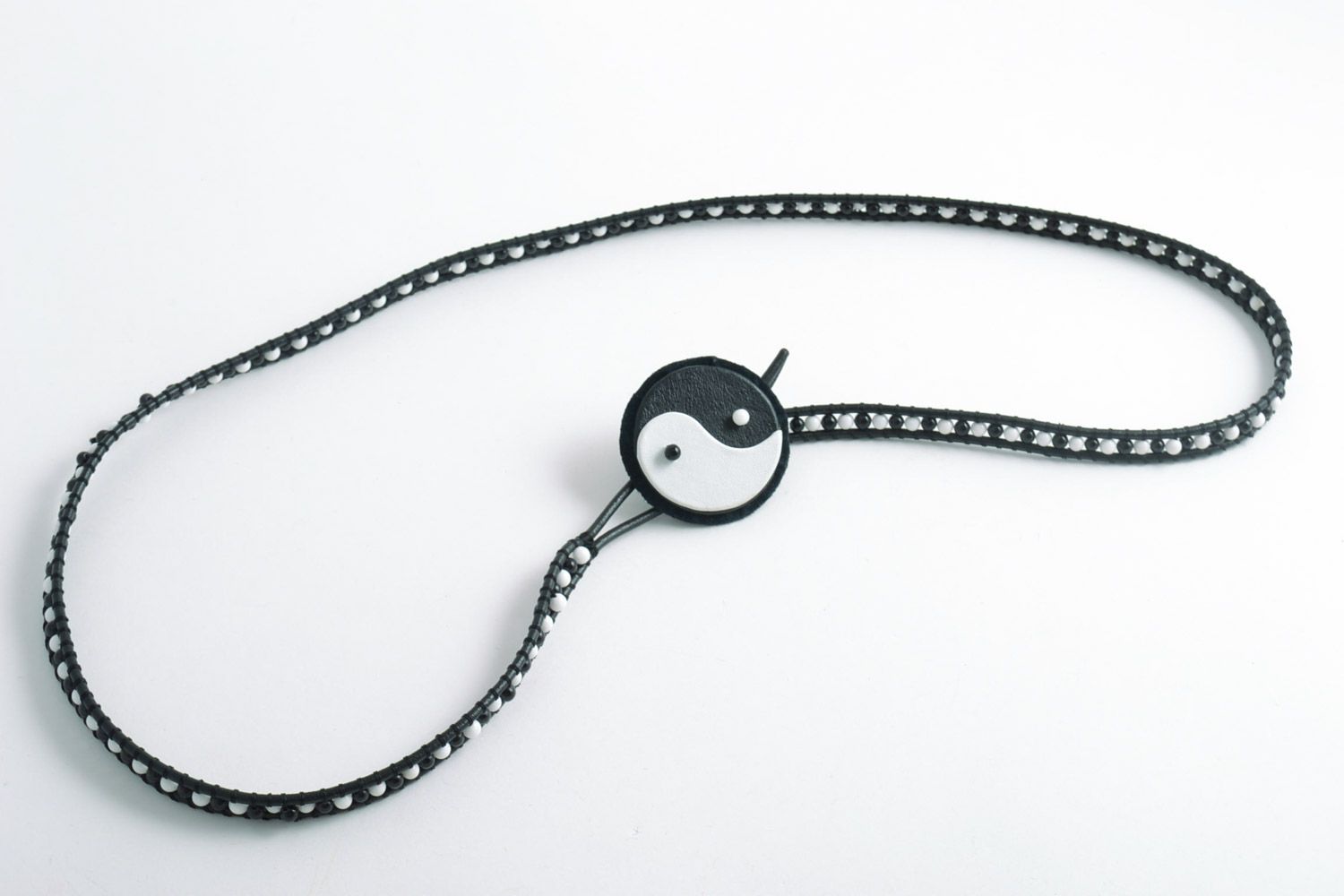Leather handmade bracelet-belt with natural stones black and white yin yang  photo 4