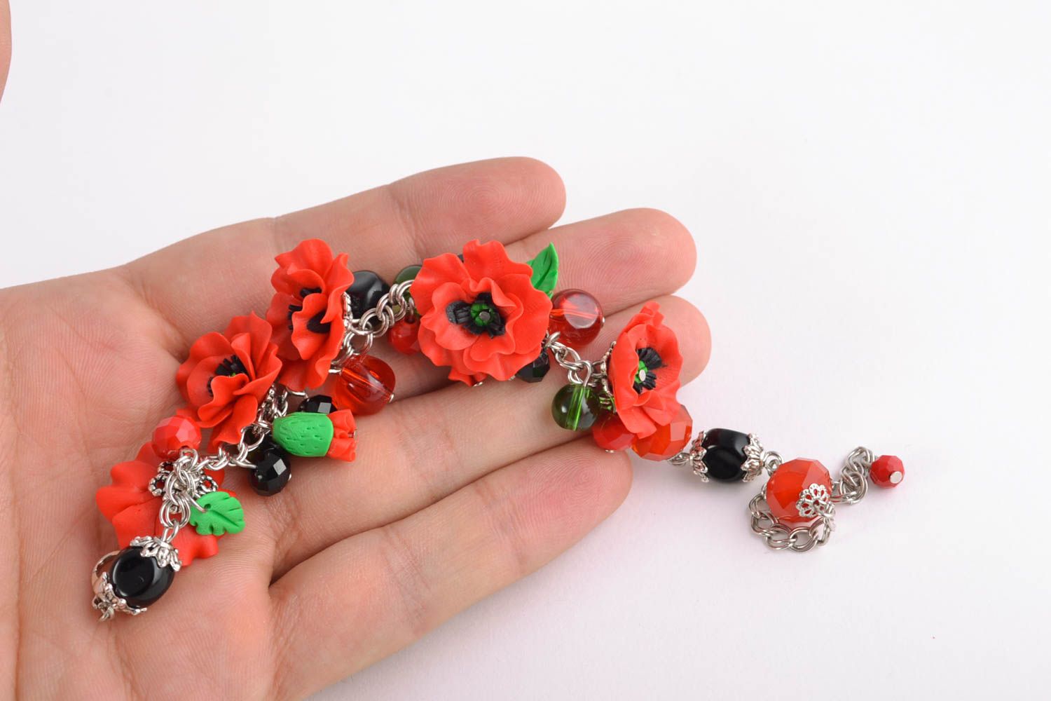 Volume red bracelet with polymer clay flowers photo 6