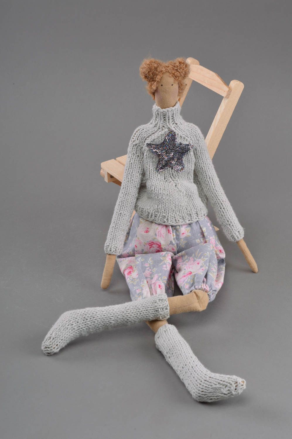 Handmade designer fabric soft doll stylish girl in knit sweater and stockings photo 3