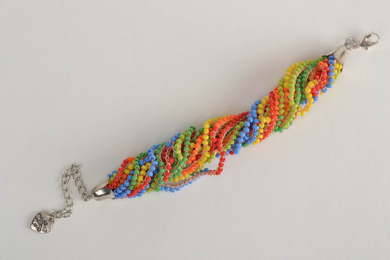 Handmade colorful wrist bracelet crocheted of cotton threads and seed beads photo 3