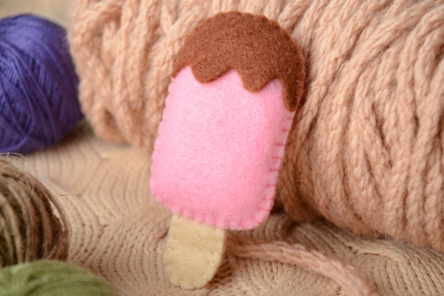 Handmade small colorful felt soft toy fridge magnet pink ice cream with chocolate photo 1