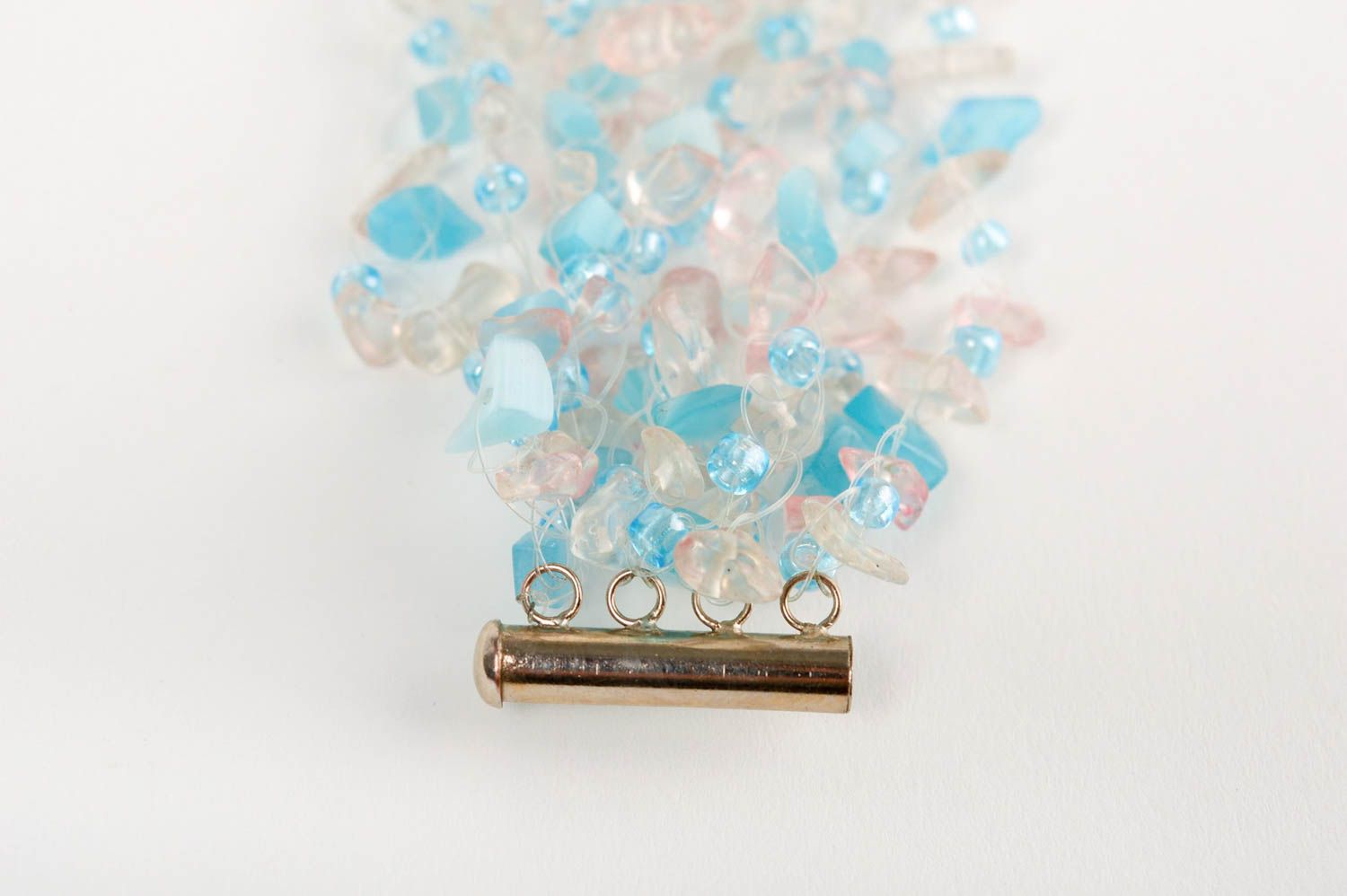Handmade designer airy light blue wrist fashion bracelet with quartz and cat eye stone beads photo 3
