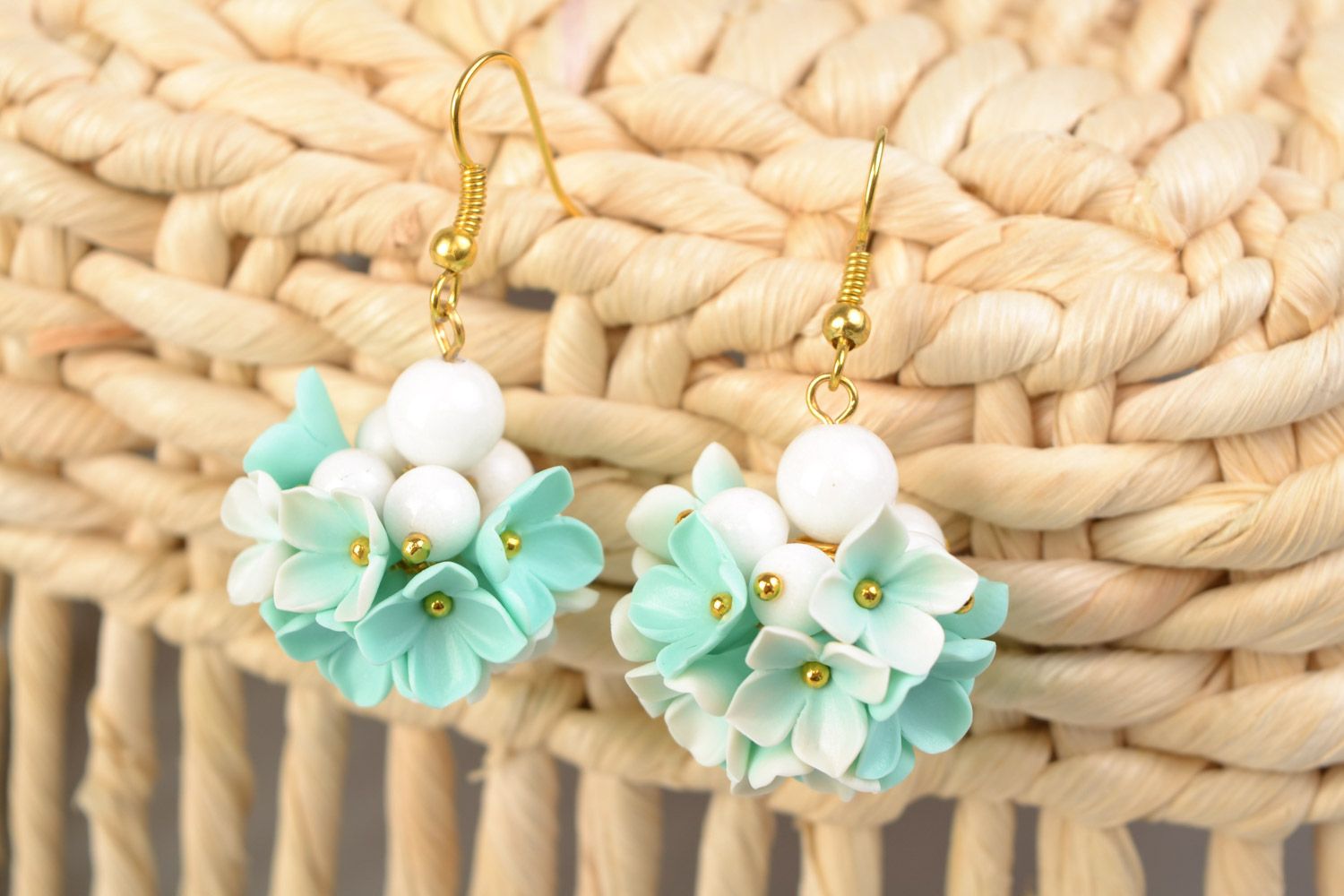 Tender homemade small earrings with polymer clay flowers of mint color shade photo 2
