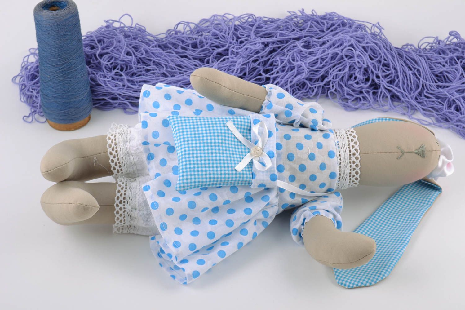 Handmade linen fabric soft toy rabbit in blue polka dot dress with small bag photo 1
