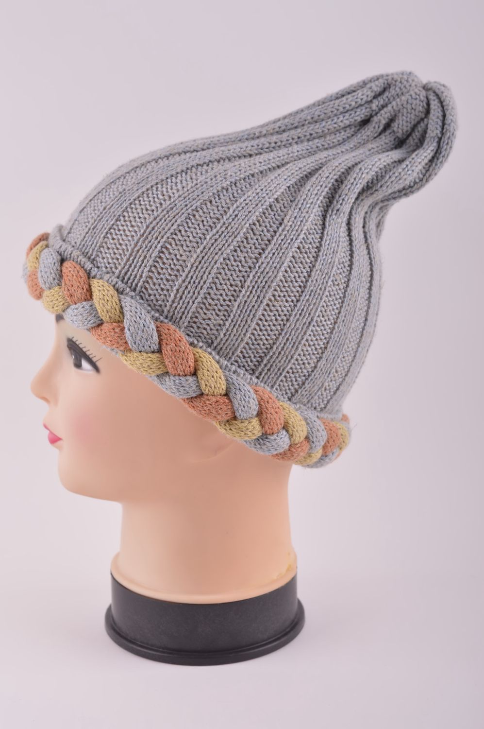 Bonnet tricot fait main Chapeau chaud gris laine acrylique Vêtement femme photo 3