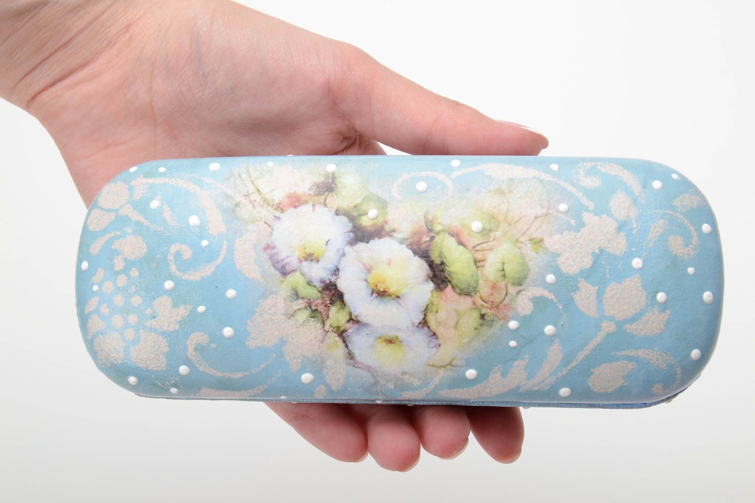 Unusual handmade painted blue plastic eyeglass case fitted with artificial leather photo 5