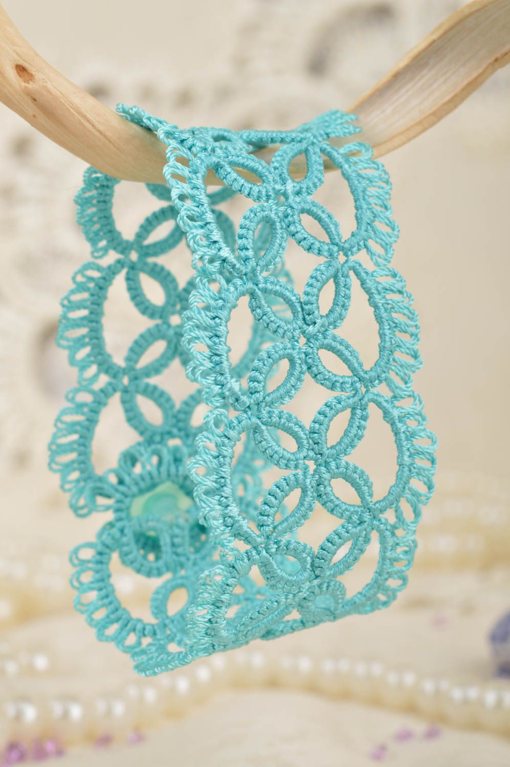 Beautiful homemade designer woven lace wrist bracelet of turquoise color tatting photo 1