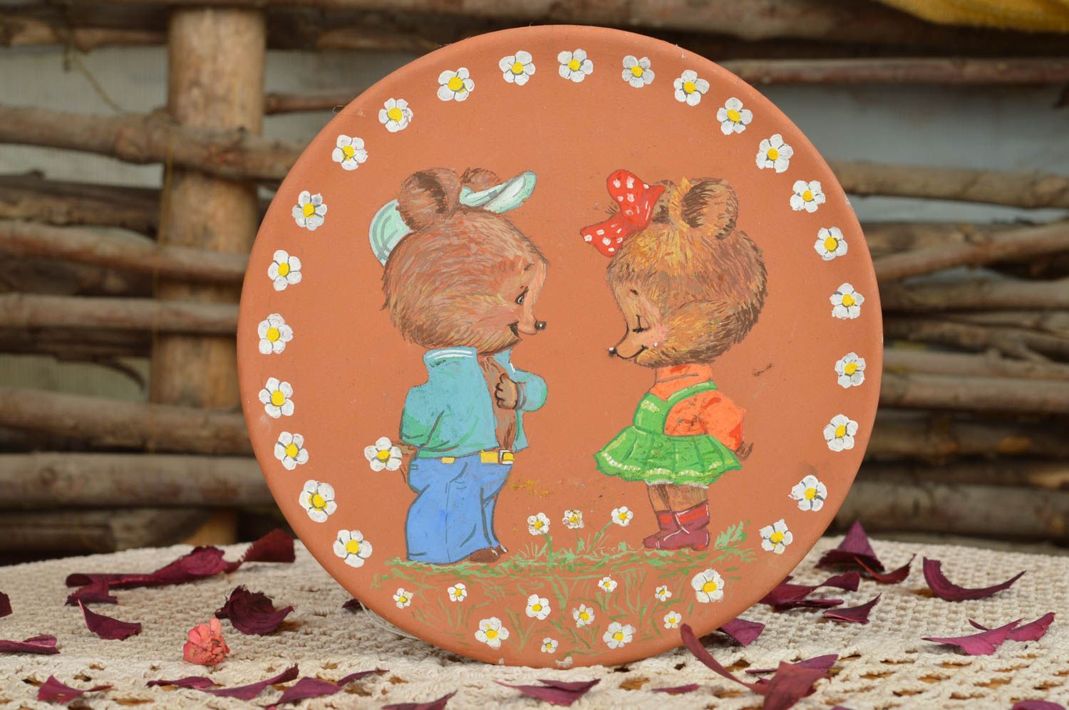 Unusual beautiful handmade ceramic wall plate with acrylic painting Bears photo 1