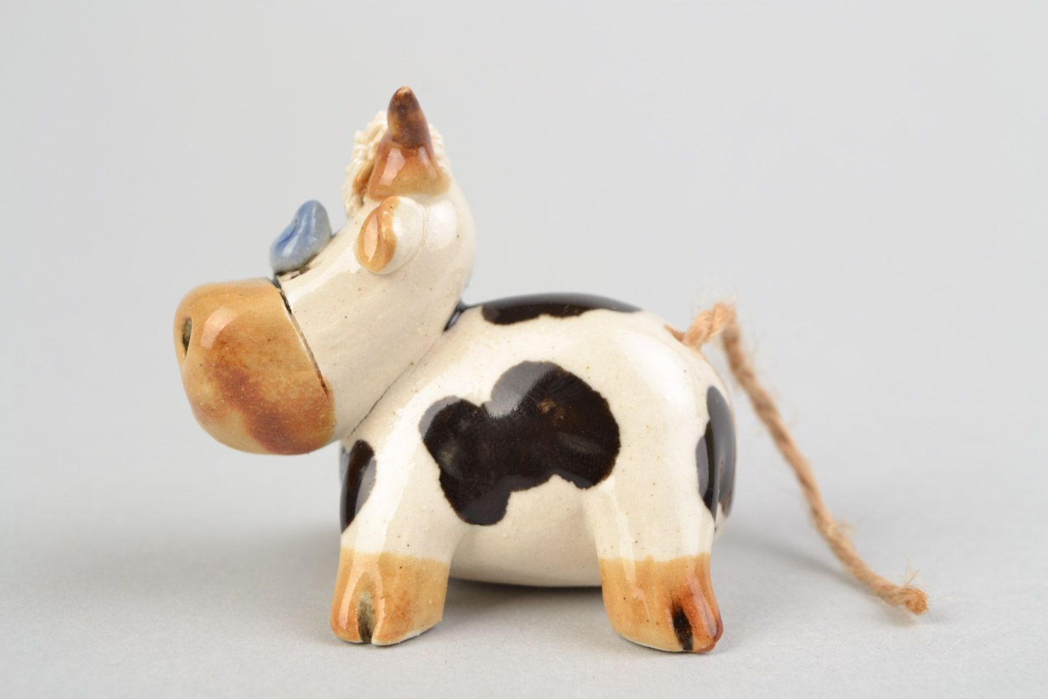 Funny handmade designer painted glazed clay figurine of cow for home decor photo 4