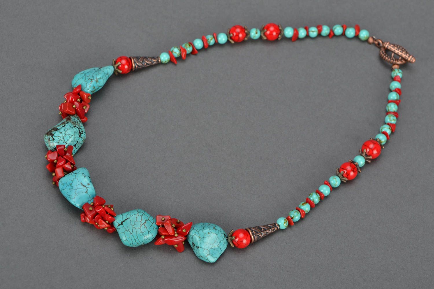 Natural stone necklace of red and turquoise colors photo 3
