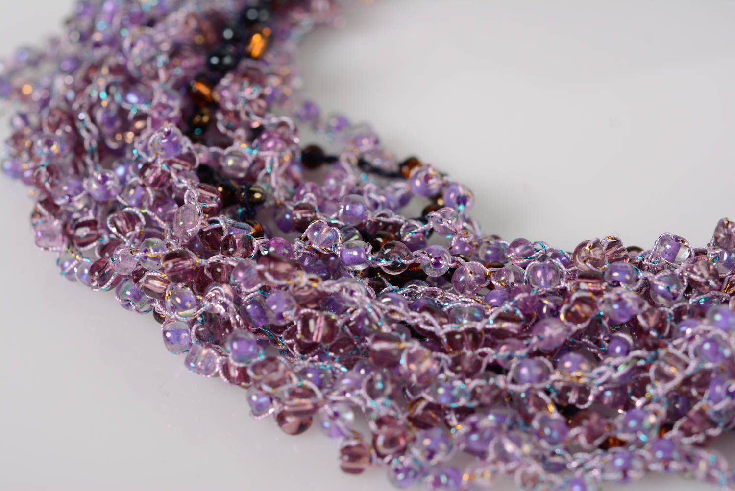 Handmade lilac crochet beaded necklace on thread basis photo 2