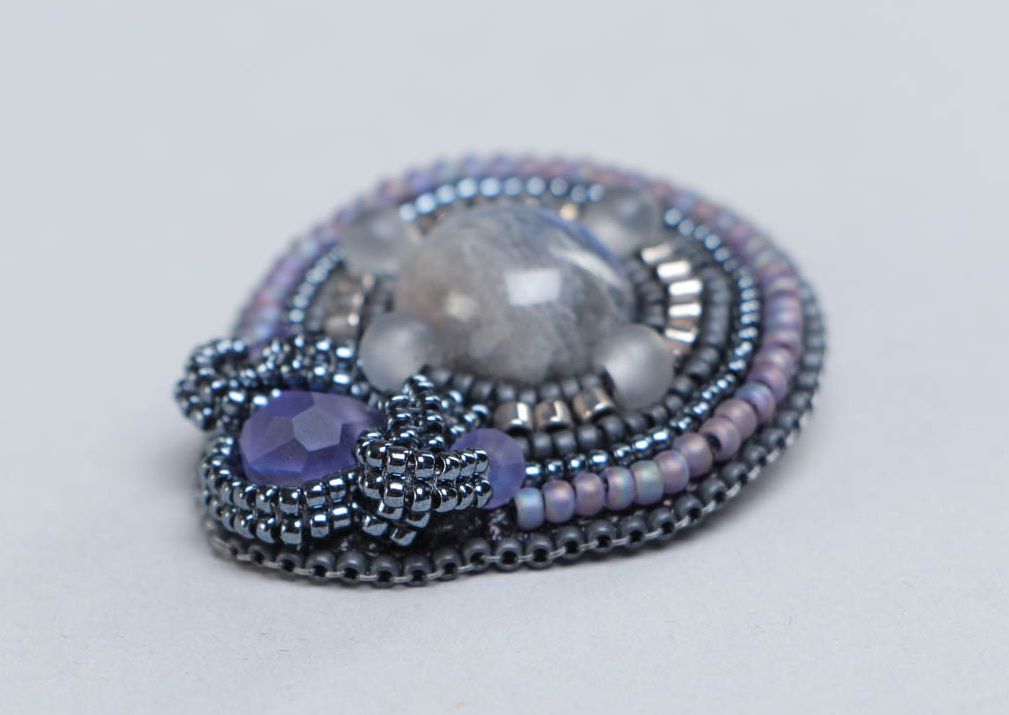 Beautiful round handmade gemstone brooch embroidered with beads photo 3