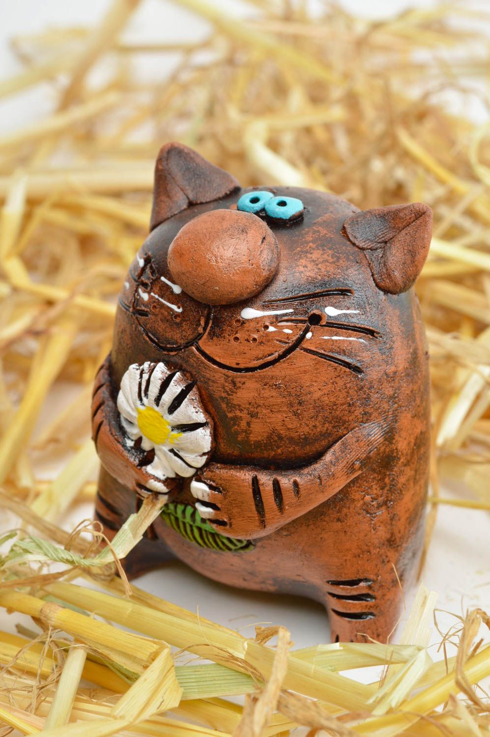 Figura de barro artesanal decoración de hogar regalo para amigo Gato con flor  foto 2