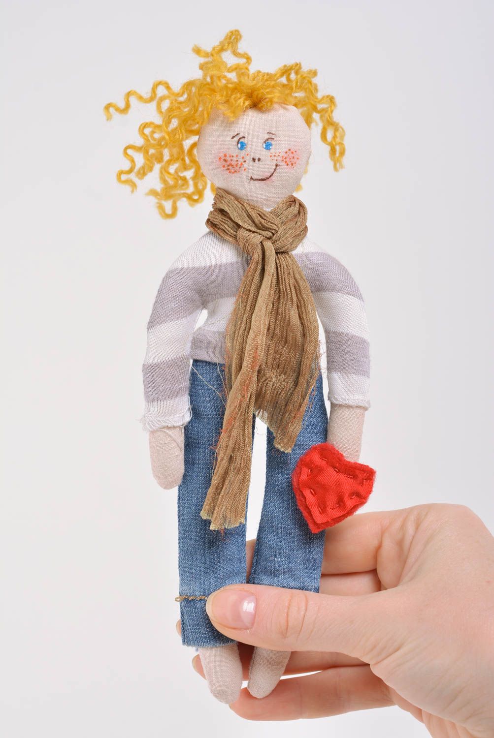 Handmade designer interior fabric soft toy boy with light curly hair in sweater photo 4