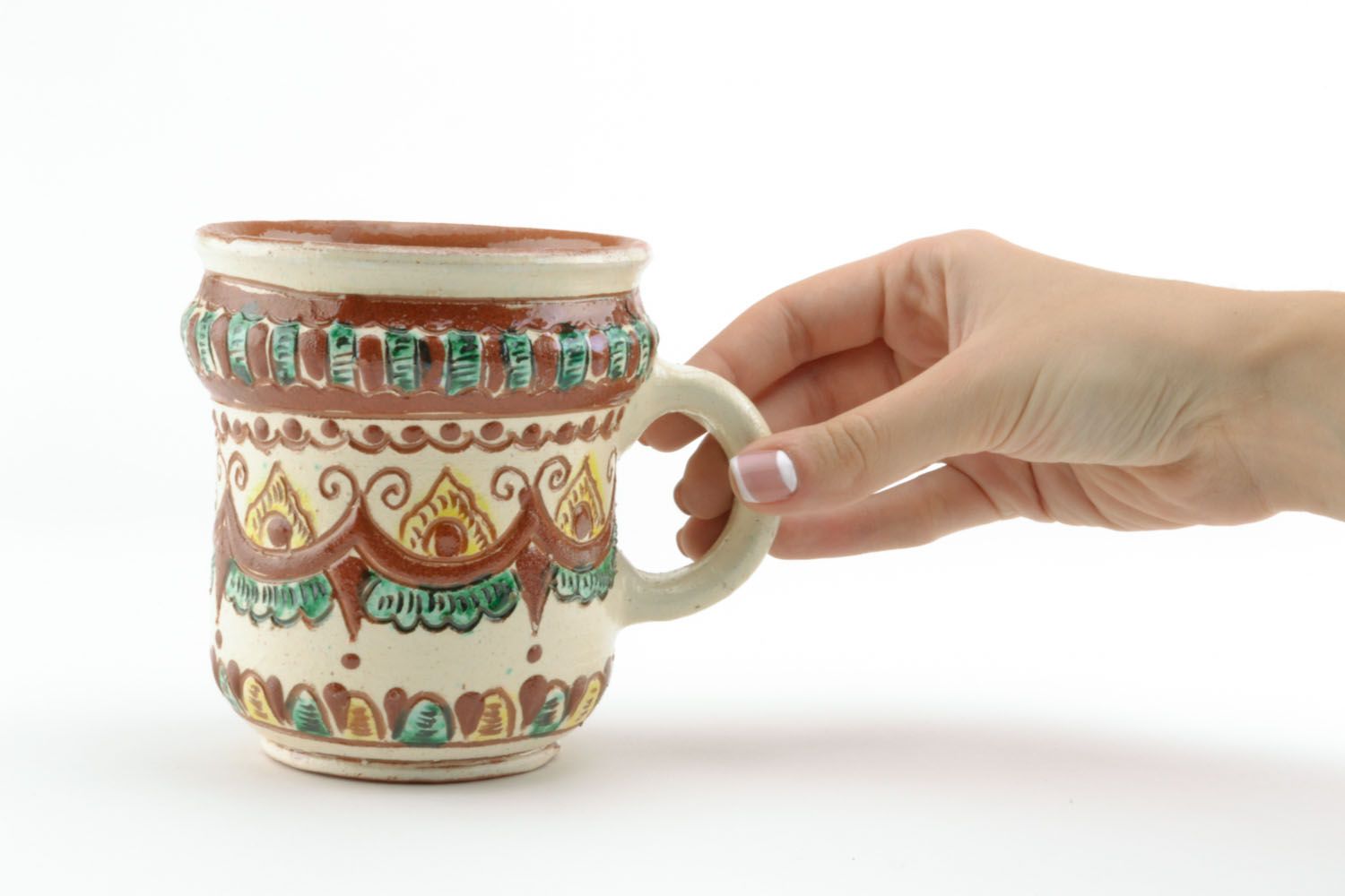 Decorative cup with ethnic green, cherry, beige colors' and a handle photo 2