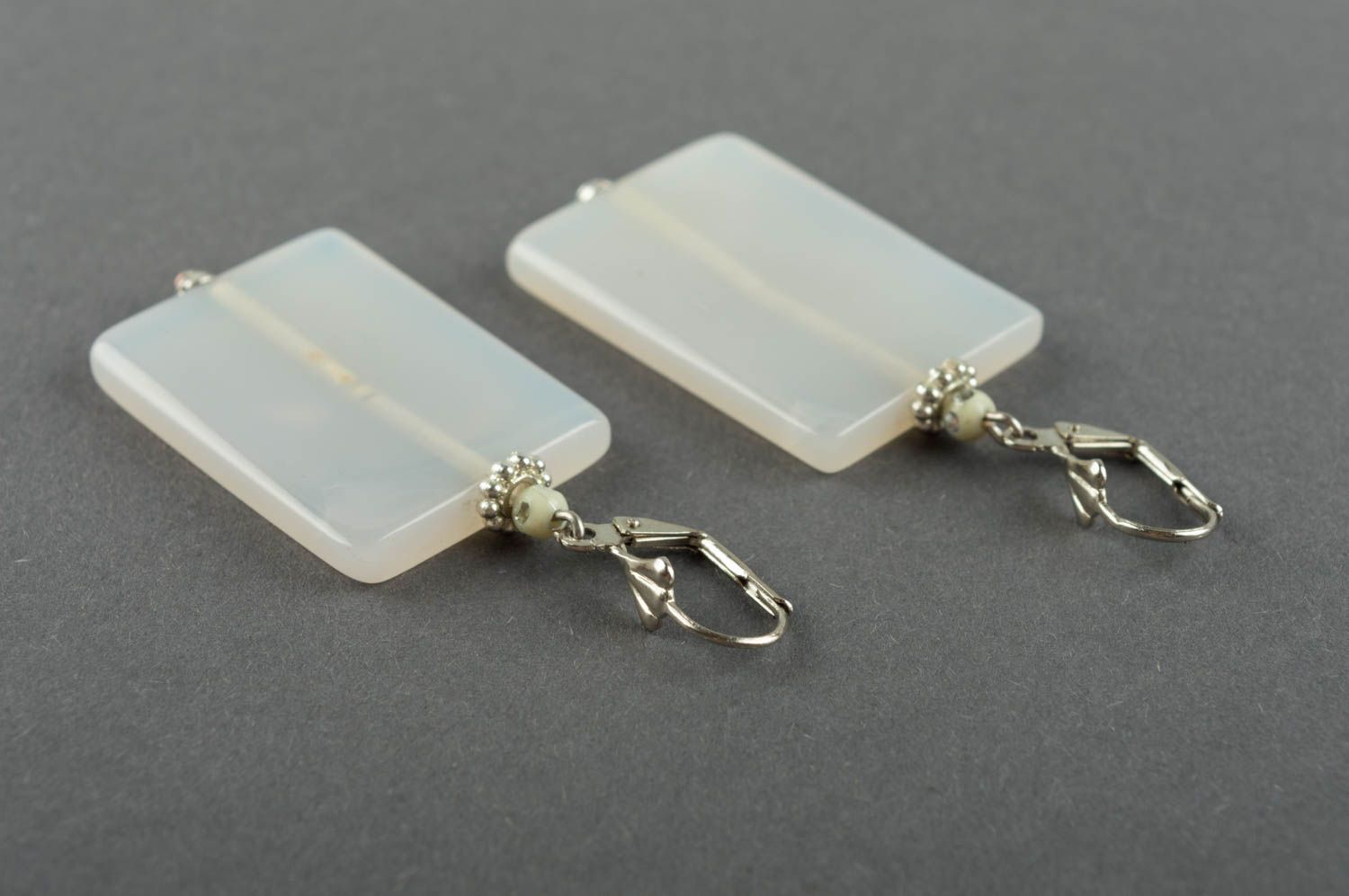 Unusual large handmade rectangular earrings with white agate natural stones photo 4
