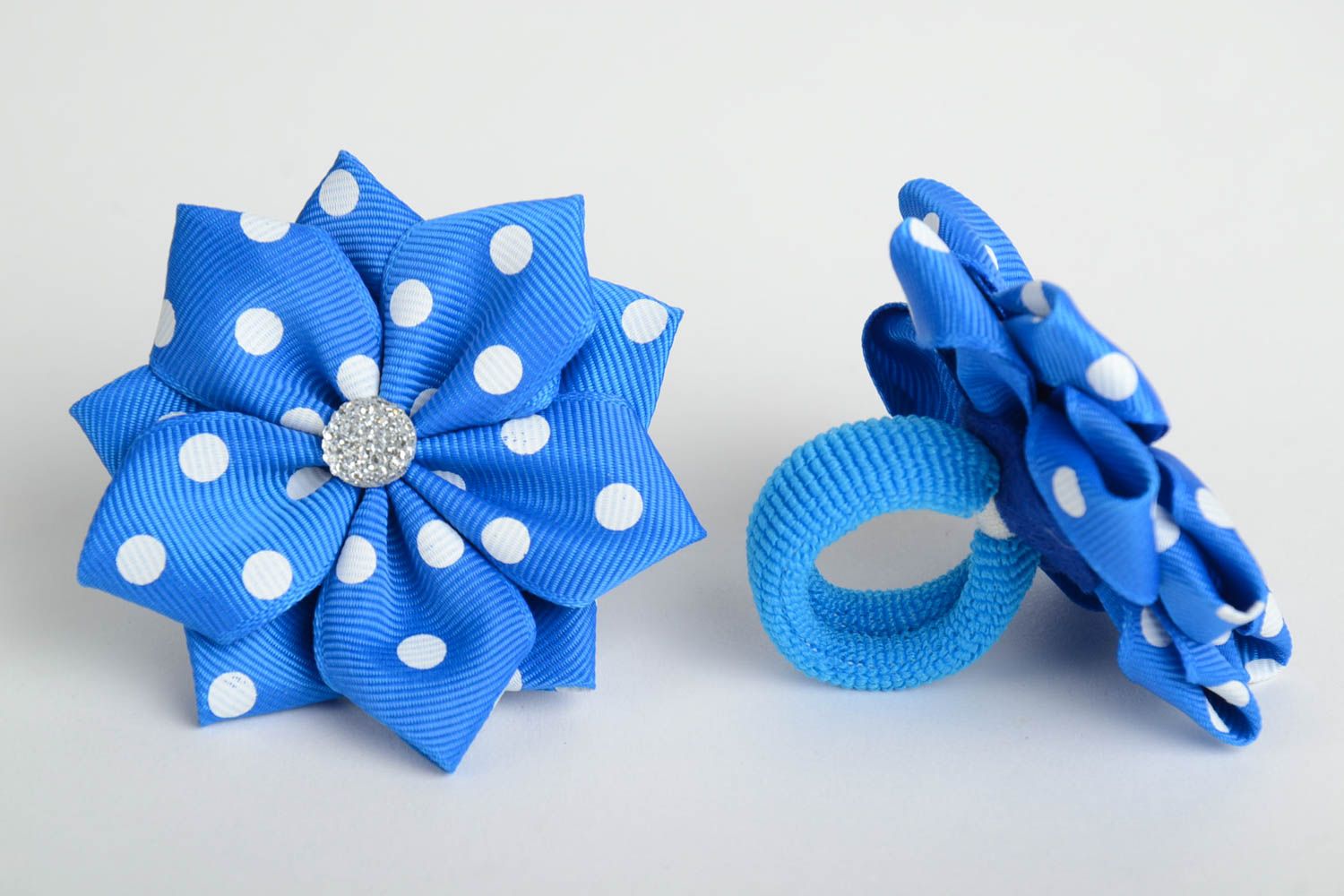 Set of 2 designer homemade hair ties with blue and white polka dot flowers photo 4