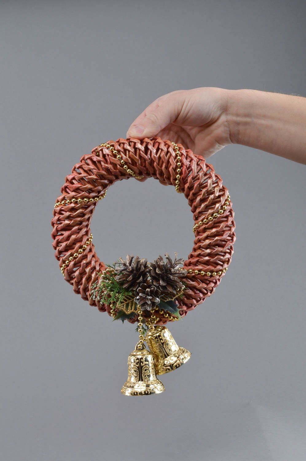 Handmade decorative Christmas door wreath woven of paper tubes with bells photo 4