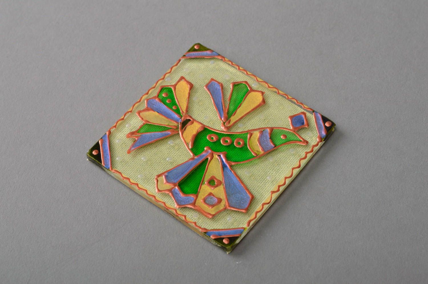 Handmade designer decorative glass painted fridge magnet of square shape Bird photo 1