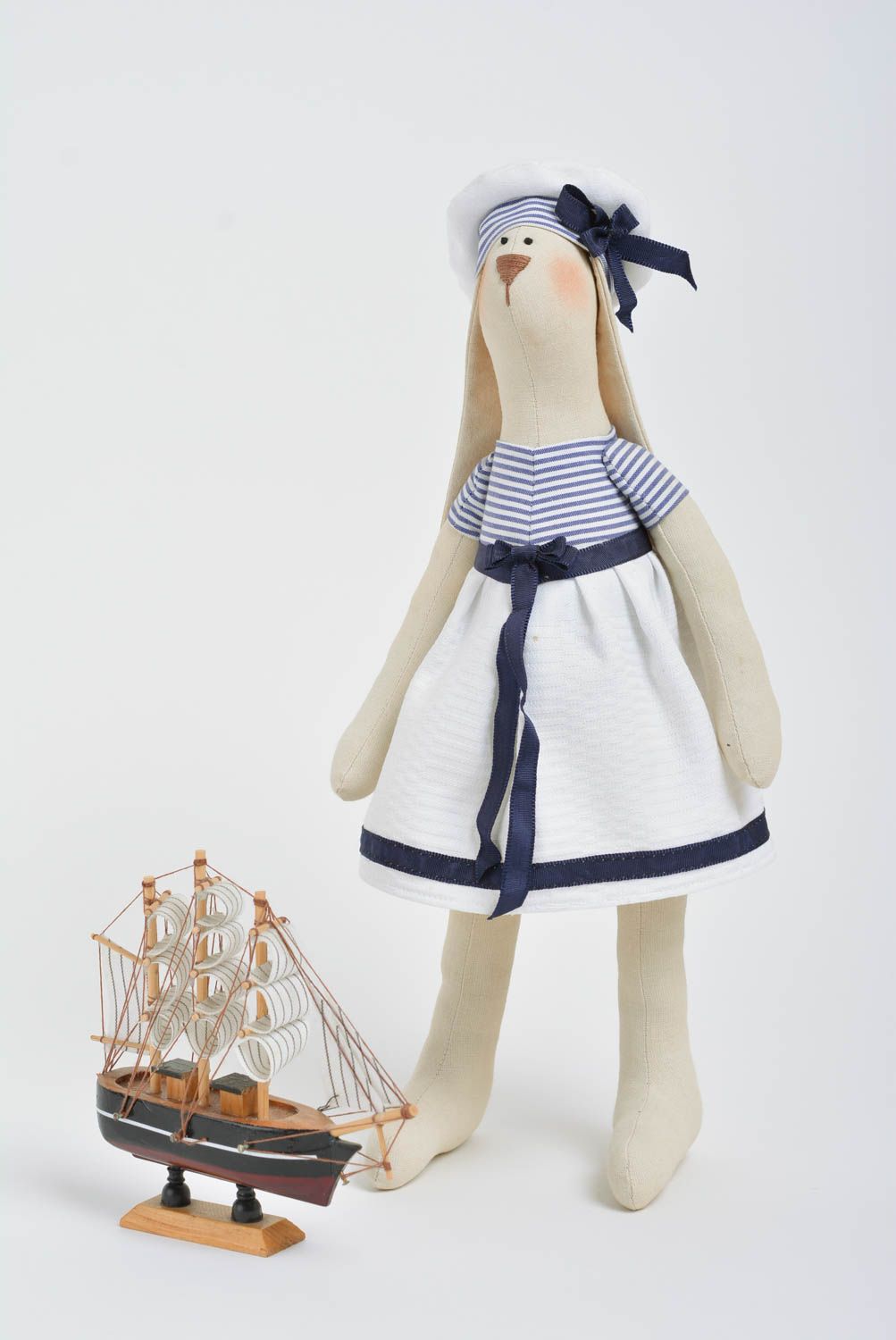 Beautiful fabric handmade soft toy Bunny Sailor with ship set of 2 pieces photo 1