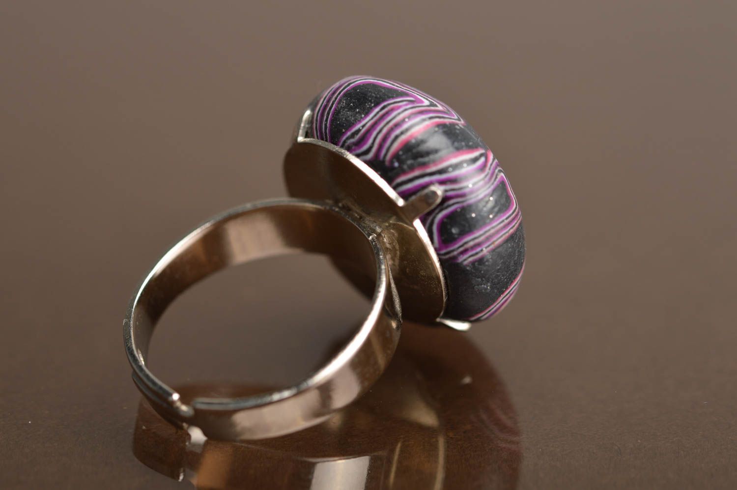 Handmade elegant round ring made of polymer clay in purple color photo 4