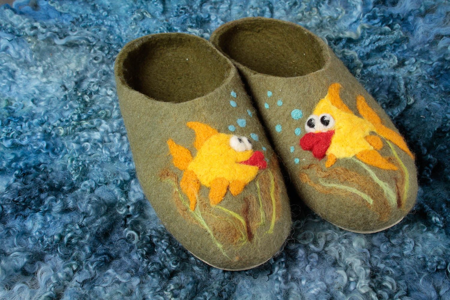Handmade felted slippers home woolen slippers with fish warm stylish present photo 1