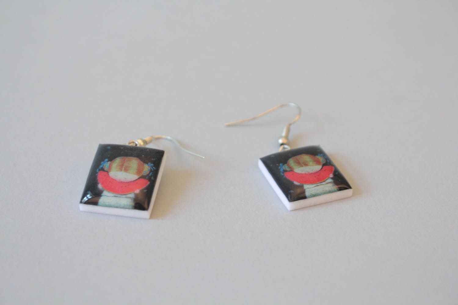 Polymer clay and jewelry resin earrings A girl with watermelon photo 2