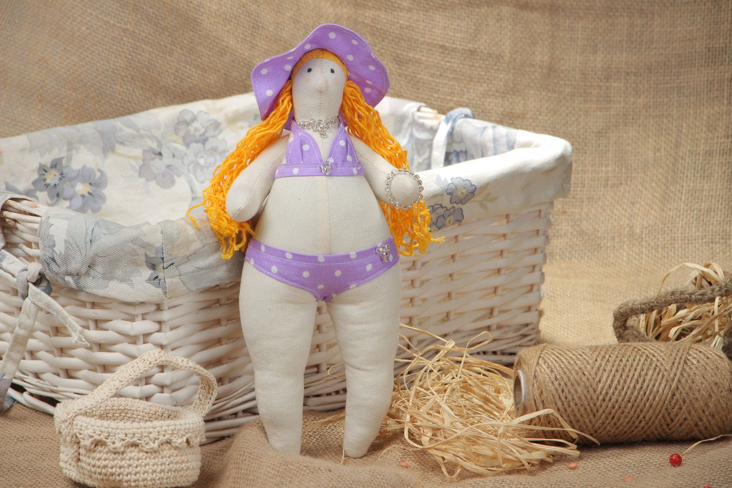 Handmade designer soft doll swimmer sewn of natural fabrics photo 1