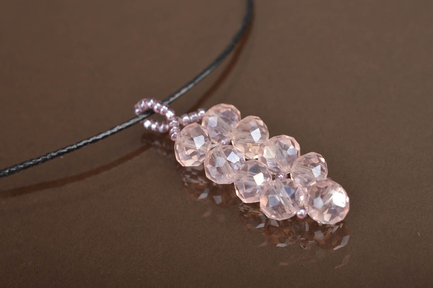 Beautiful designer unusual handmade pink pendant made of Czech crystal photo 1