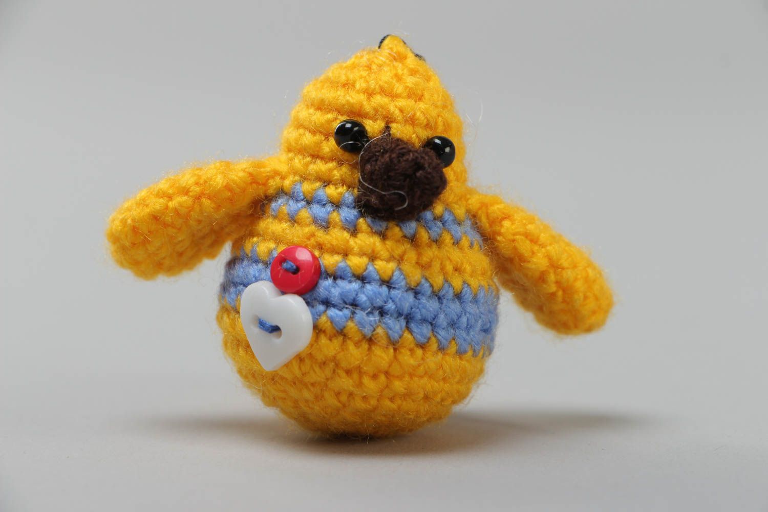 Handmade crocheted soft toy keychain in the shape of small yellow chicken photo 3