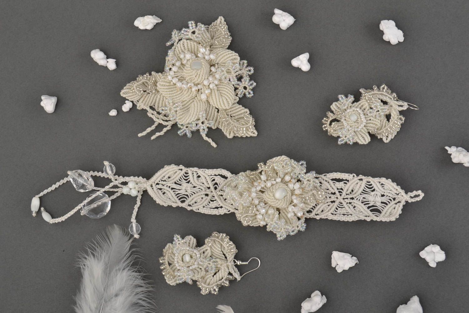 Handmade jewelry set woven earrings lace bracelet brooch jewelry beadwork ideas photo 1