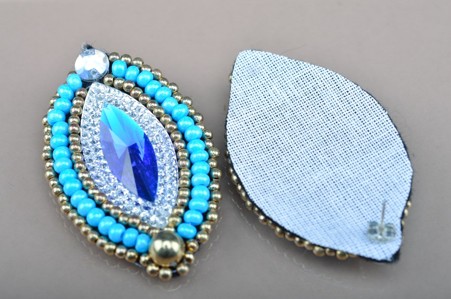 Handmade large stud earrings with beads and stones in blue color palette photo 2