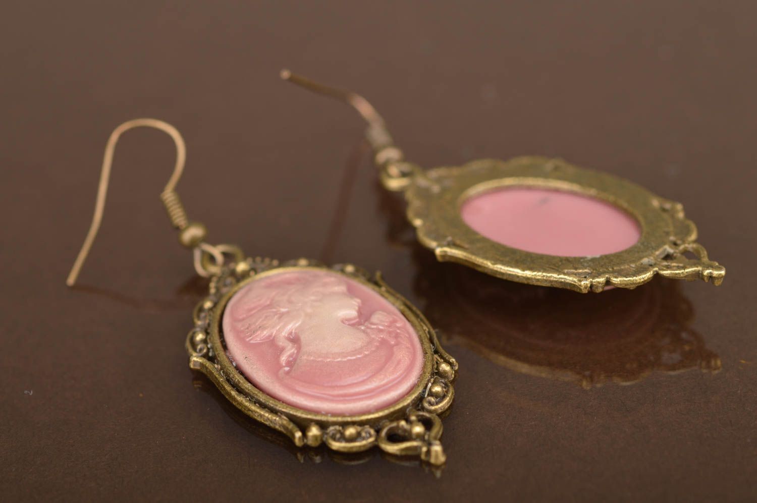 Beautiful homemade designer cameo earrings with metal frame in vintage style photo 2