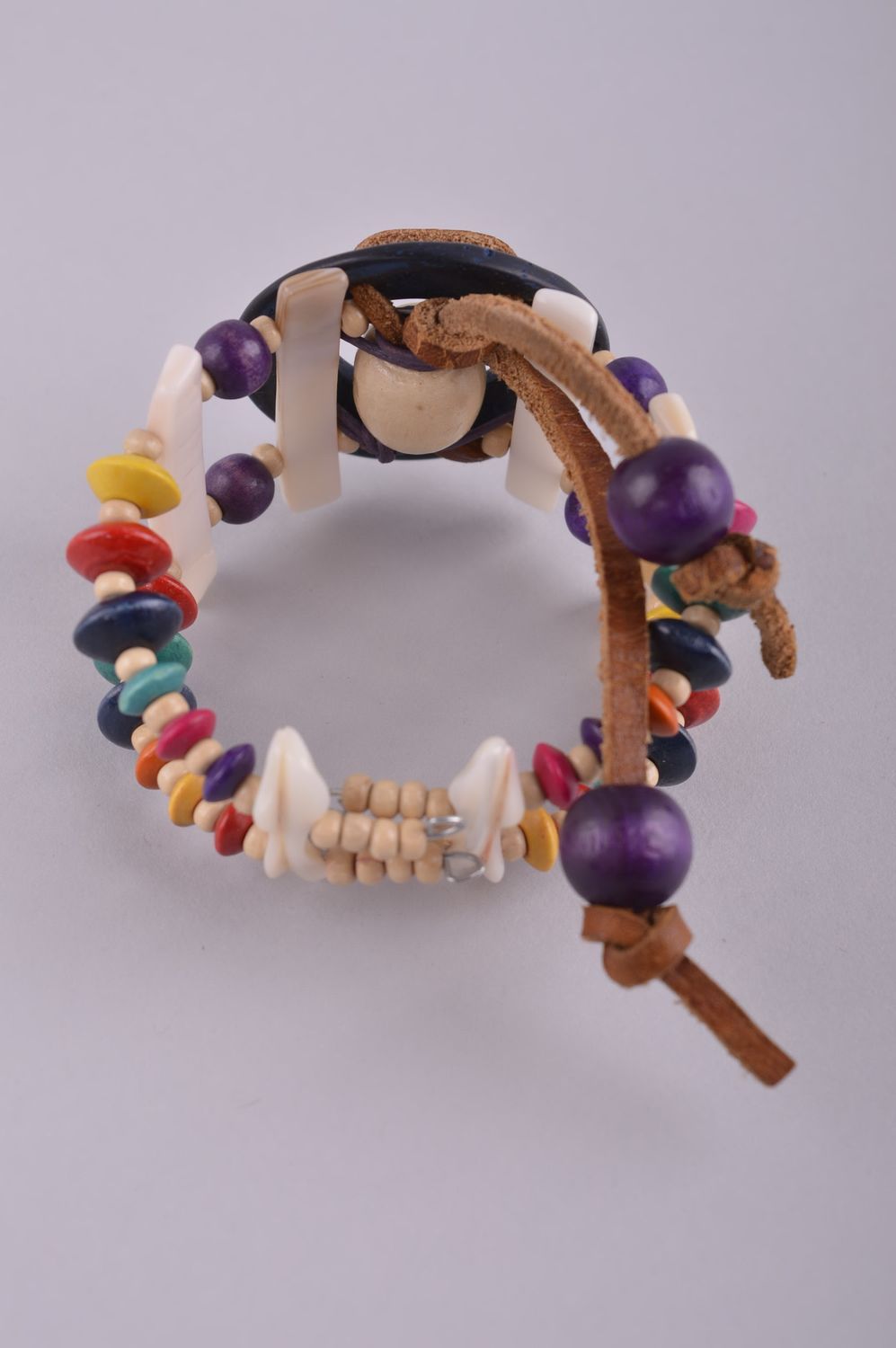 Bracelet large Bijou fait main cuir perles de bois multicolore Cadeau femme photo 4