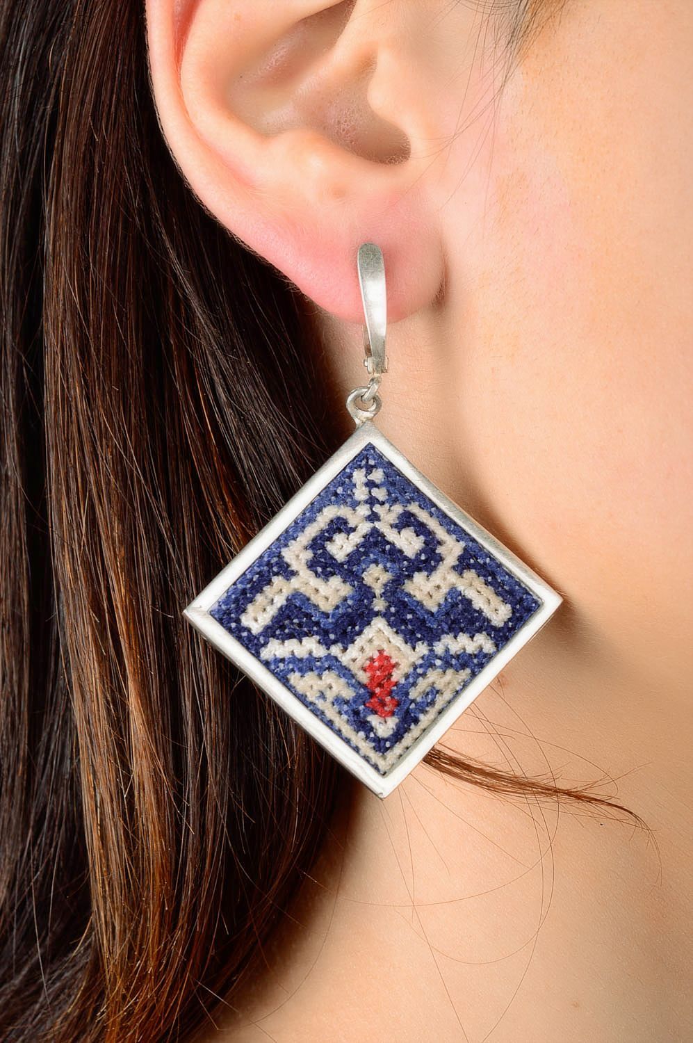 Handmade earrings with embroidery designer fabric accessories cross-stitch photo 3