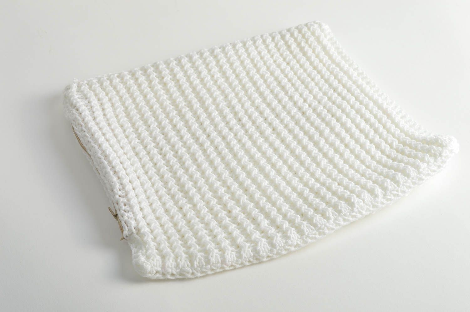 Small stylish beautiful handmade white knitted pillowcase designer accessory photo 3