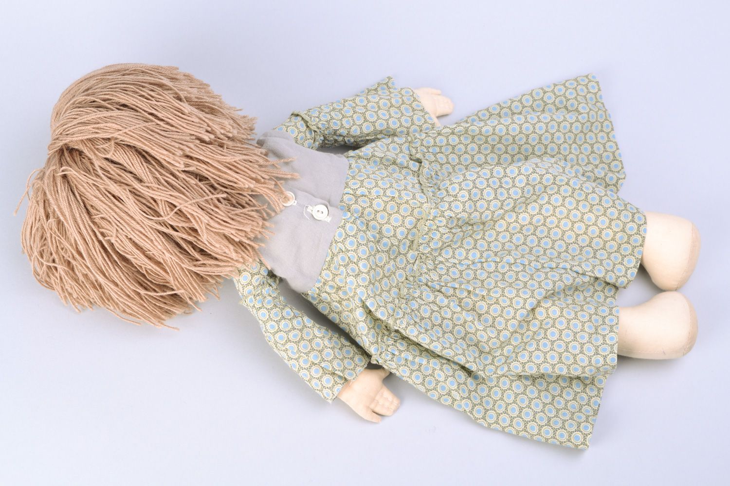 Handmade designer soft doll sewn of cotton fabric with volume hair Agata  photo 5