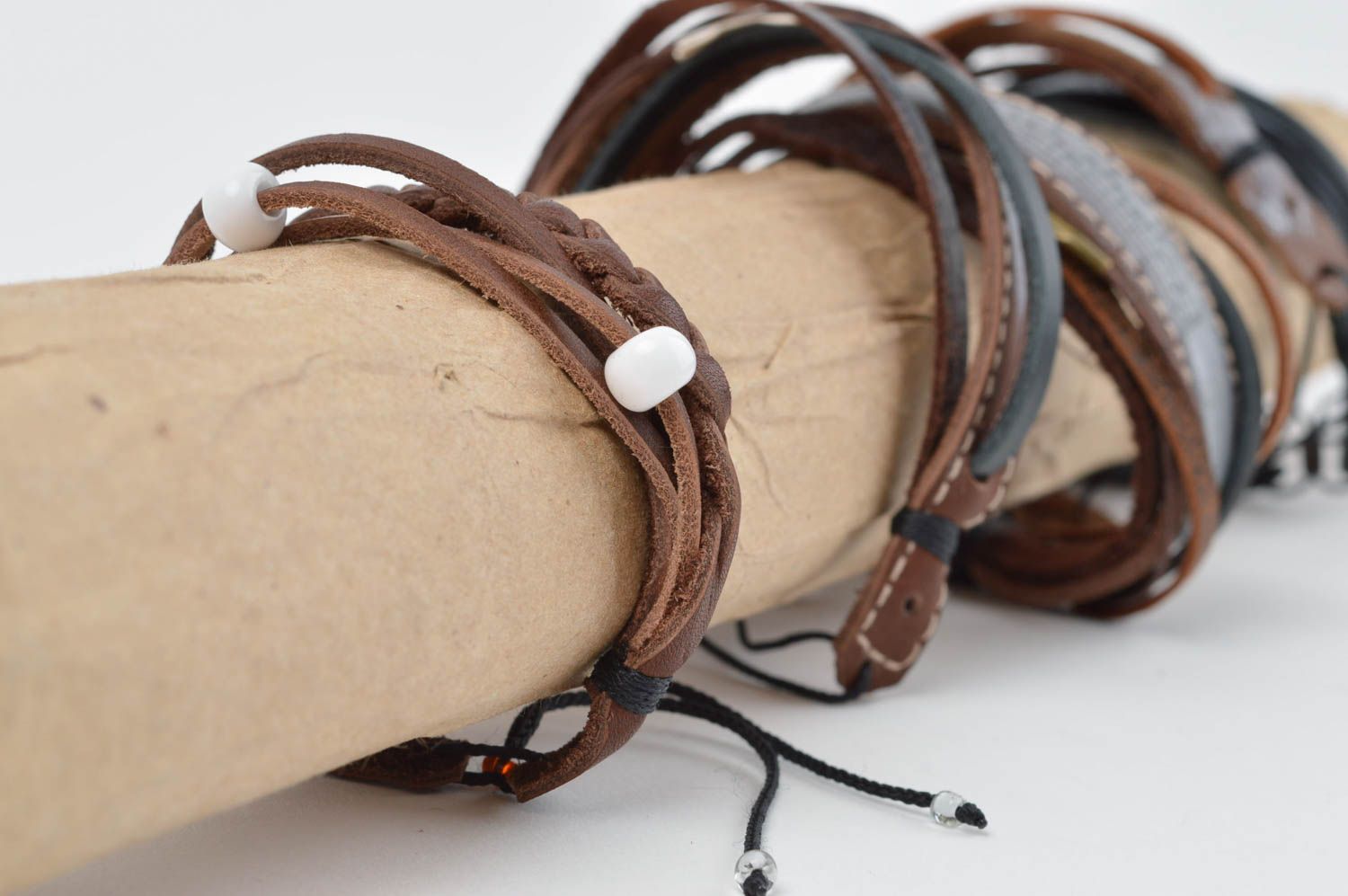 Handmade brown leather bracelet unusual designer bracelet wrist jewelry photo 2