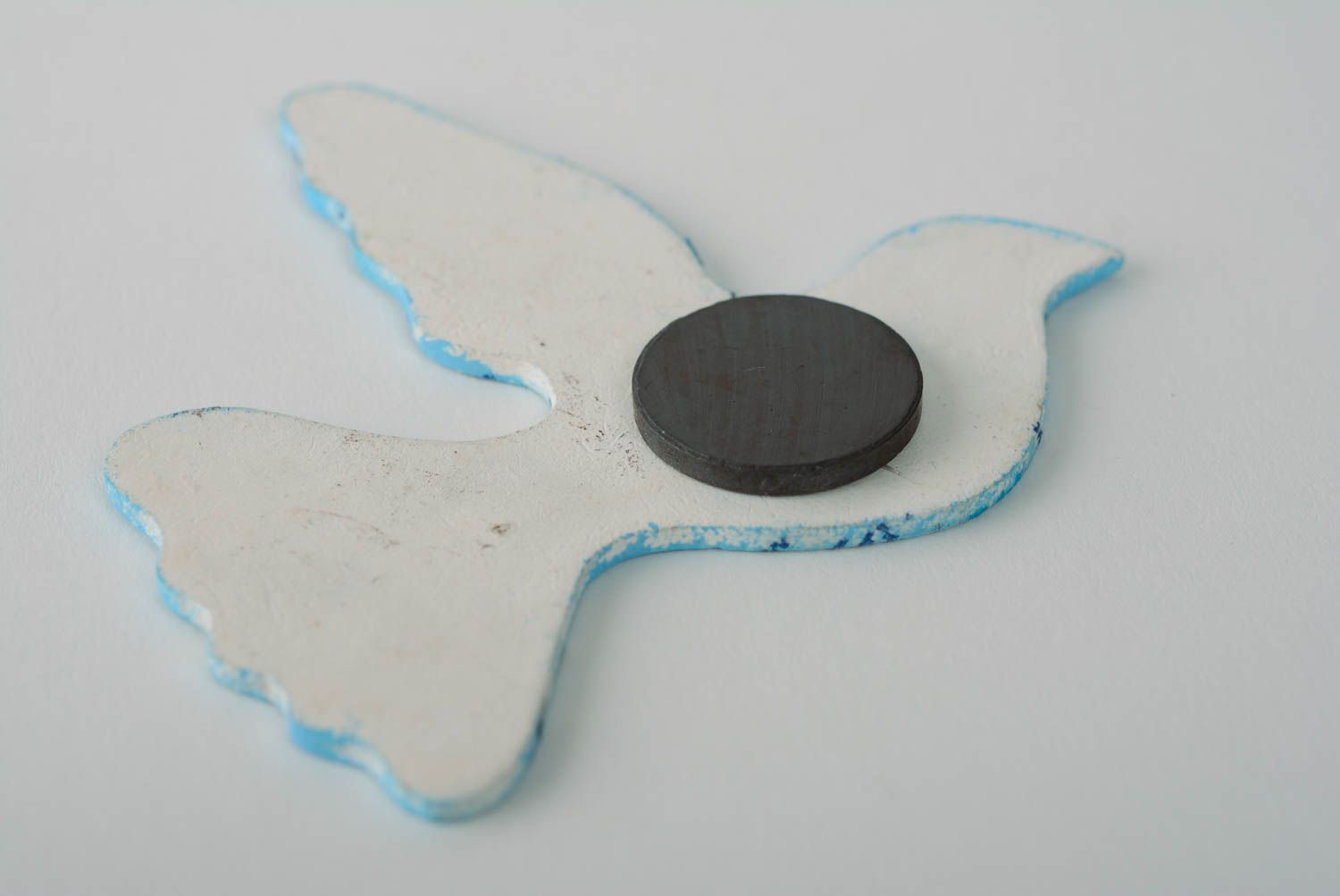 Magnet pour frigo Oiseau Pigeon blanc à motif bleu décor en bois fait main photo 3