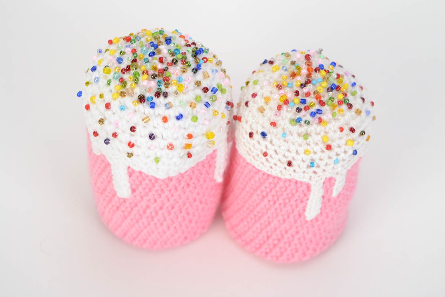 Set of 2 handmade soft crochet toys in the shape of pink and white Easter cakes photo 4